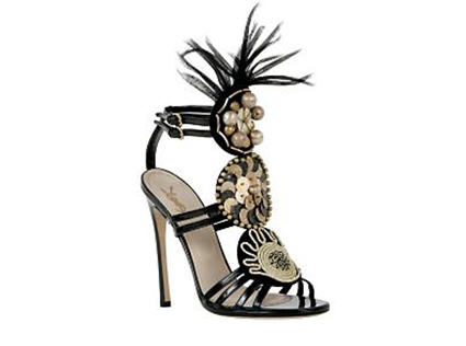 Yves Saint Laurent High Heel Black Patent Sandal with Feathers