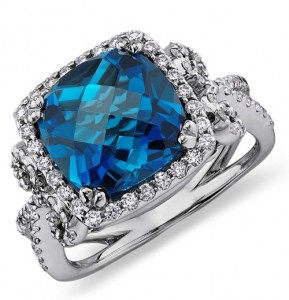 London Blue Topaz and Diamond Scroll Ring in 14k White Gold - Exotic Excess