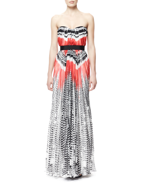 Alexander McQueen Feather-Print Strapless Chiffon Gown - Exotic Excess