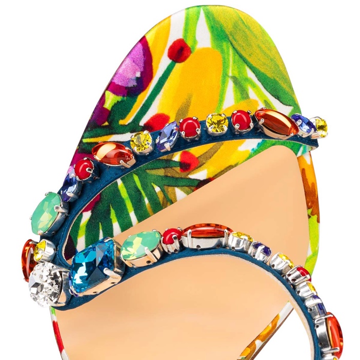 Louboutin's Jeweled Floral-Print Silk Rosapetra Sandals